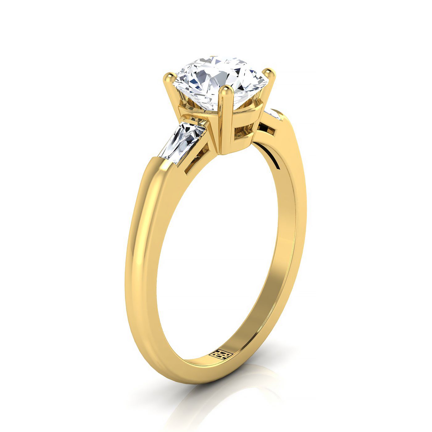 14K Yellow Gold Round Brilliant Diamond Three Stone Tapered Baguette Engagement Ring -1/5ctw