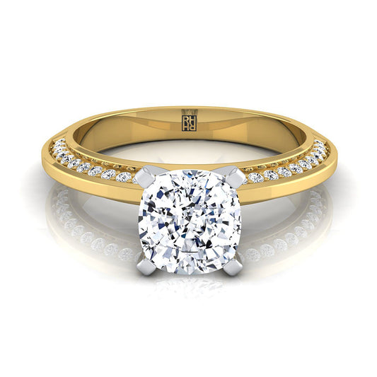 14K Yellow Gold Cushion Diamond Knife Edge Micropave Engagement Ring -1/5ctw