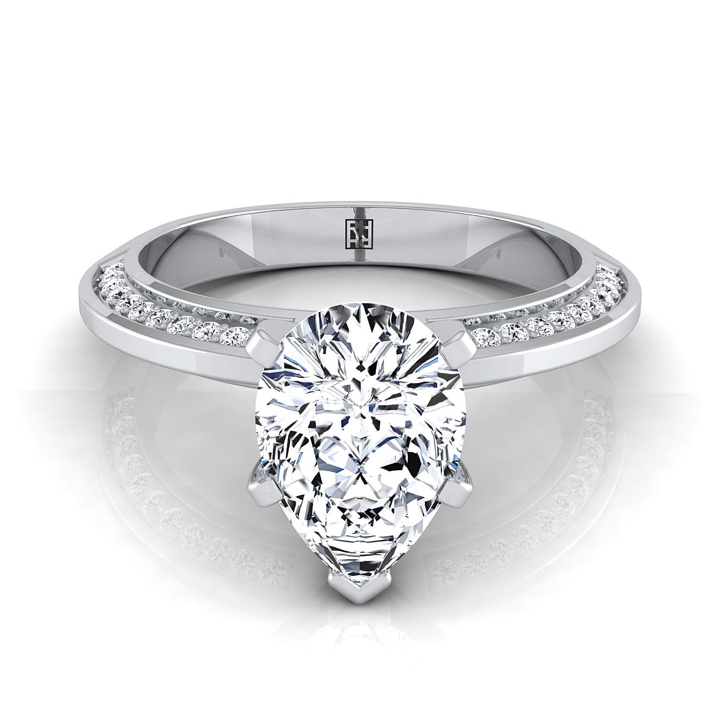 18K White Gold Pear Shape Center Diamond Knife Edge Micropave Engagement Ring -1/5ctw