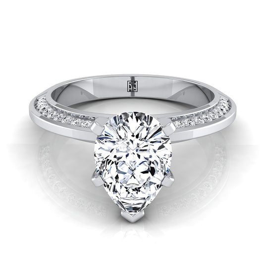 14K White Gold Pear Shape Center Diamond Knife Edge Micropave Engagement Ring -1/5ctw