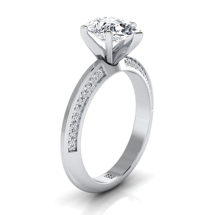 18K White Gold Pear Shape Center Diamond Knife Edge Micropave Engagement Ring -1/5ctw