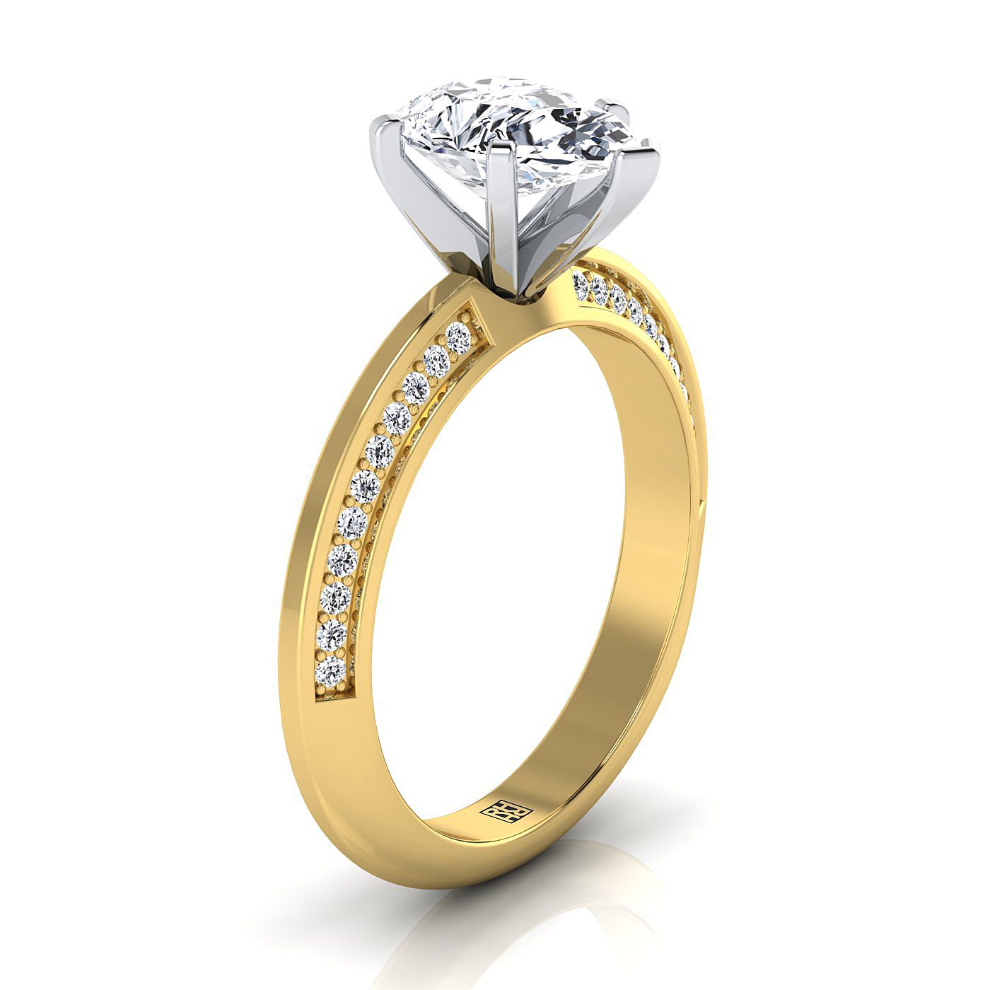 แหวนหมั้นเพชร 18K Yellow Gold Pear Shape Center Diamond Knife Edge Micropave -1/5ctw