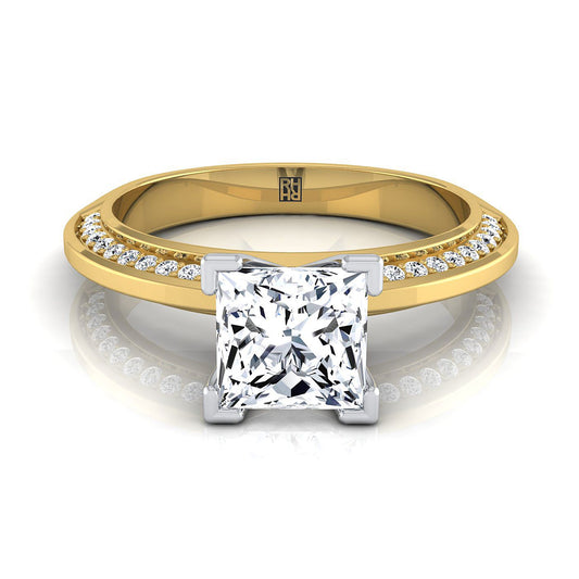 18K Yellow Gold Princess Cut Diamond Knife Edge Micropave Engagement Ring -1/5ctw