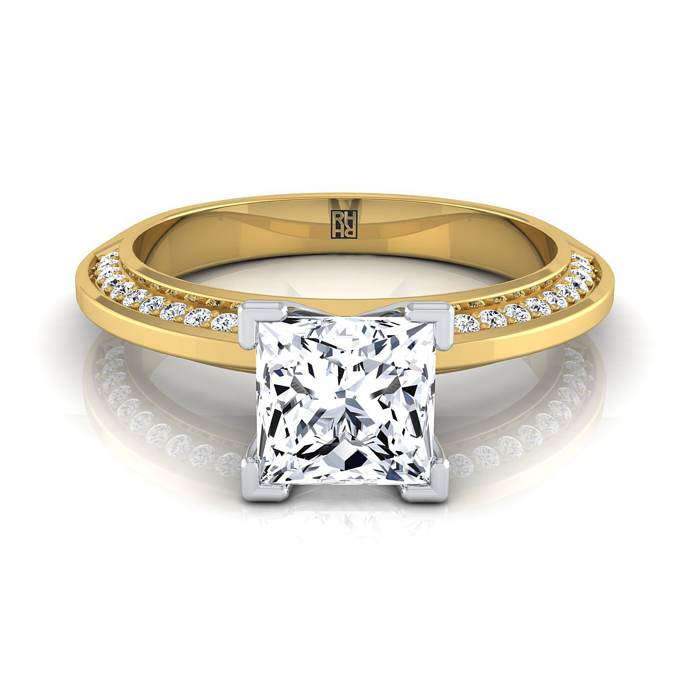 แหวนหมั้นเพชร 14K Yellow Gold Princess Cut Diamond Knife Edge Micropave -1/5ctw