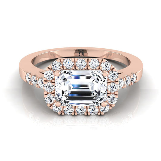 14K Rose Gold Emerald Cut Diamond แนวนอนแฟนซี East West Halo แหวนหมั้น -1/3ctw