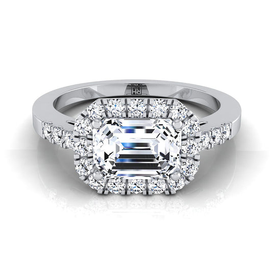 14K White Gold Emerald Cut Diamond Horizontal Fancy East West Halo Engagement Ring -1/3ctw