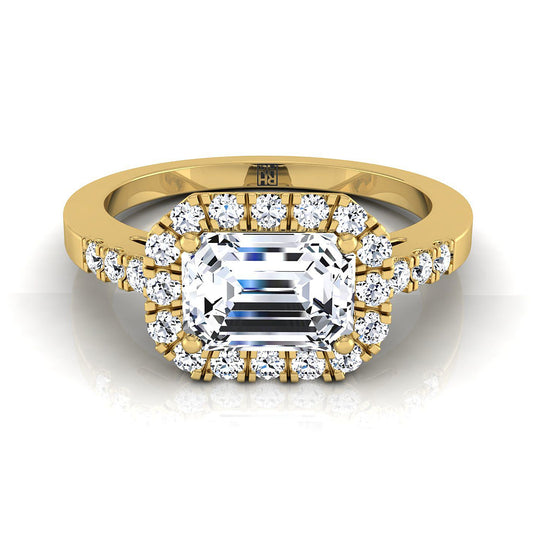 18K Yellow Gold Emerald Cut Diamond Horizontal Fancy East West Halo Engagement Ring -1/3ctw