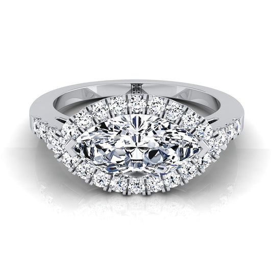 18K White Gold Marquise  Diamond Horizontal Fancy East West Halo Engagement Ring -1/3ctw