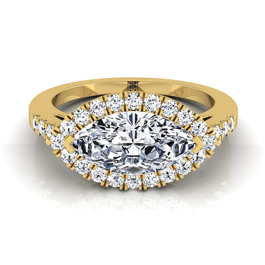 18K Yellow Gold Marquise Diamond แฟนซี East West Halo Engagement Ring -1/3ctw