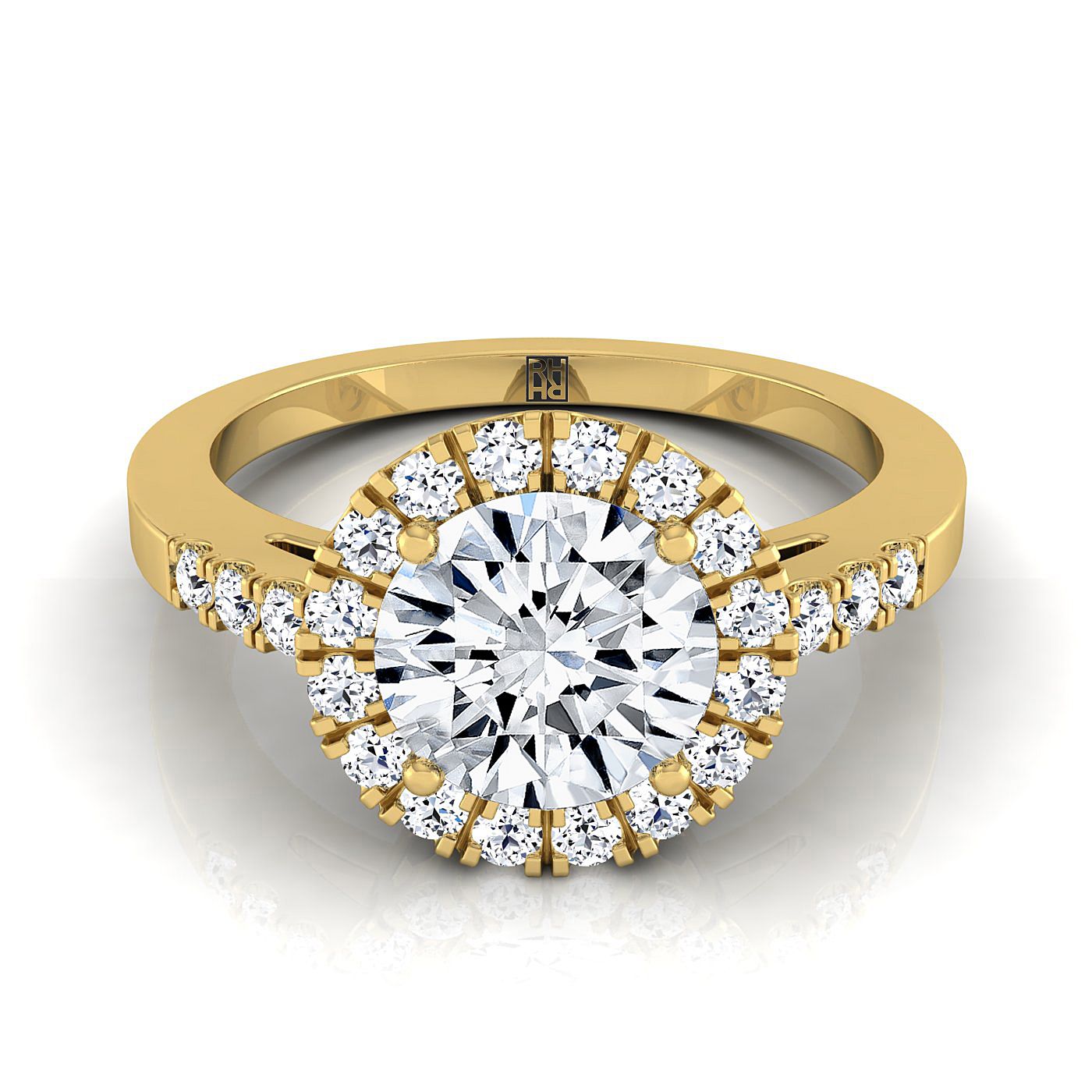 18K สีเหลืองทอง Round Brilliant Diamond แนวนอนแฟนซี East West Halo แหวนหมั้น -1/3ctw