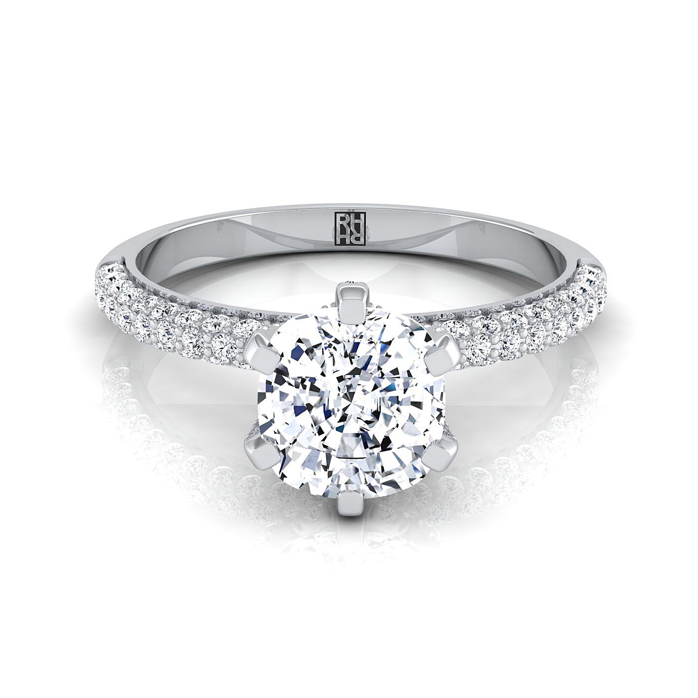 แหวนหมั้นเพชร 14K White Gold Cushion Diamond 3 แถว French Pave Simple -1/3ctw