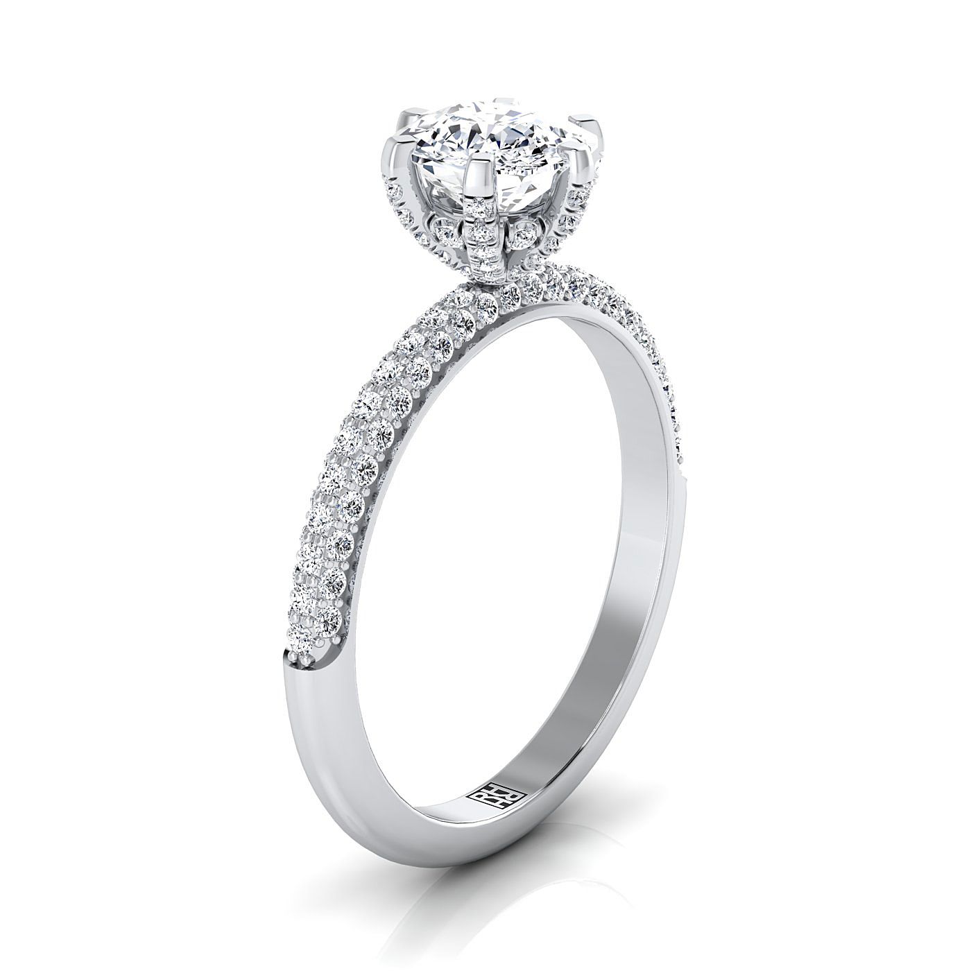 แหวนหมั้นเพชร 18K White Gold Cushion Diamond 3 แถว French Pave Simple -1/3ctw