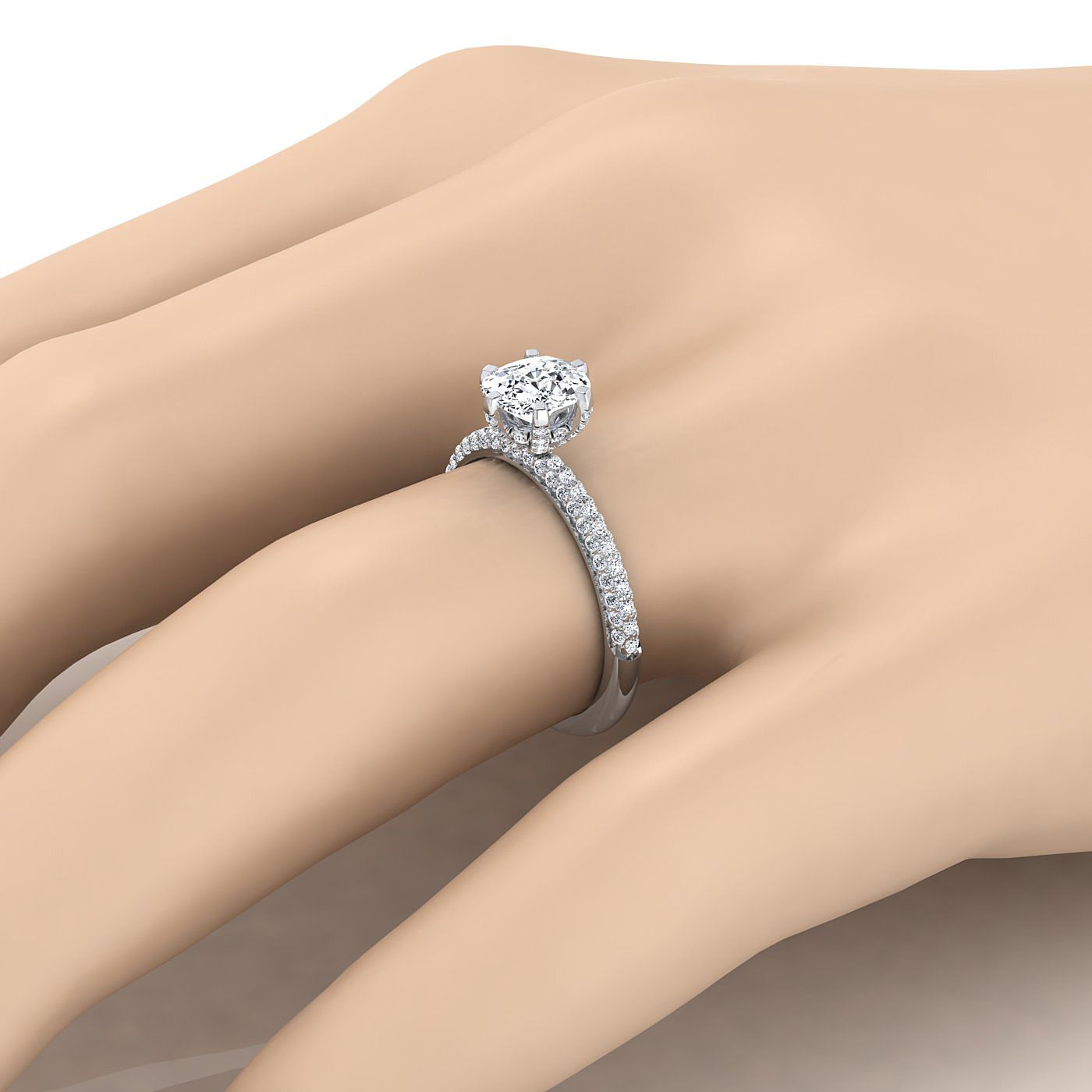 แหวนหมั้นเพชร 18K White Gold Cushion Diamond 3 แถว French Pave Simple -1/3ctw