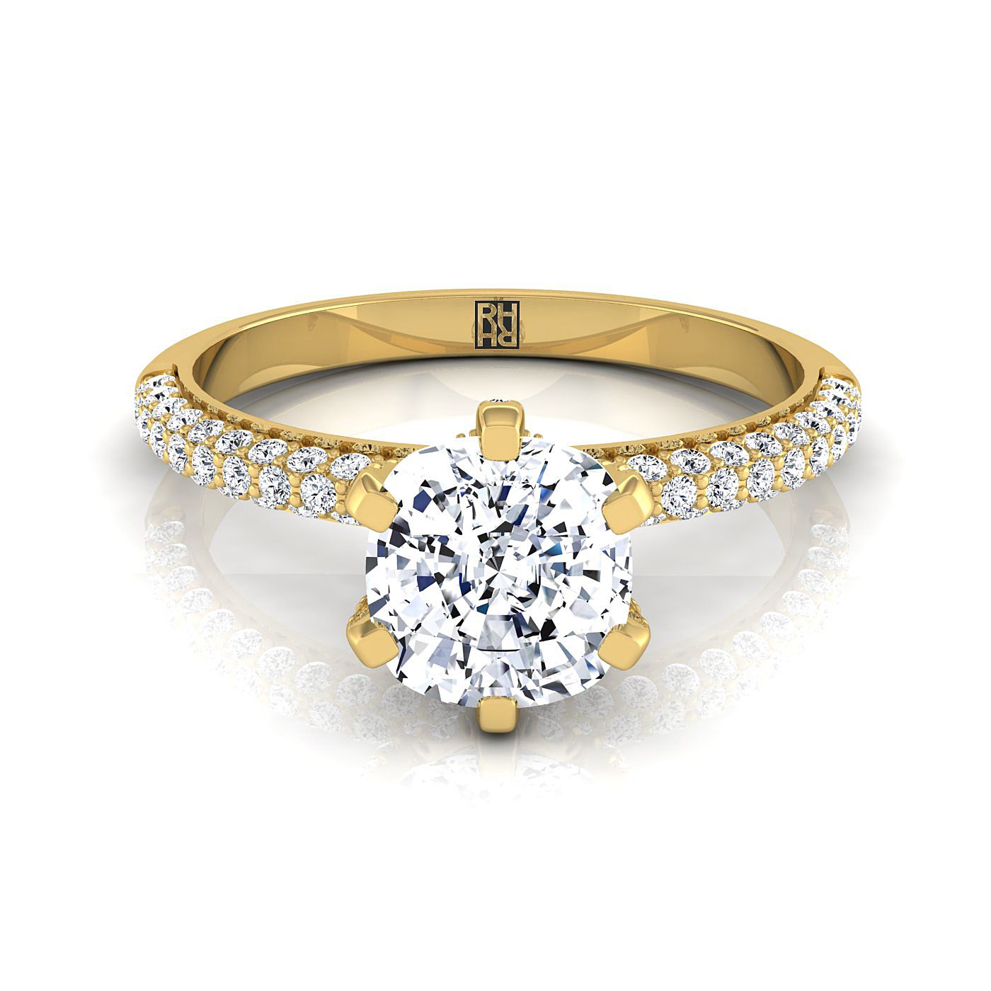 14K Yellow Gold Cushion Diamond Three Row French Pave Simple Engagement Ring -1/3ctw