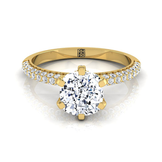 14K Yellow Gold Cushion Diamond Three Row French Pave Simple Engagement Ring -1/3ctw