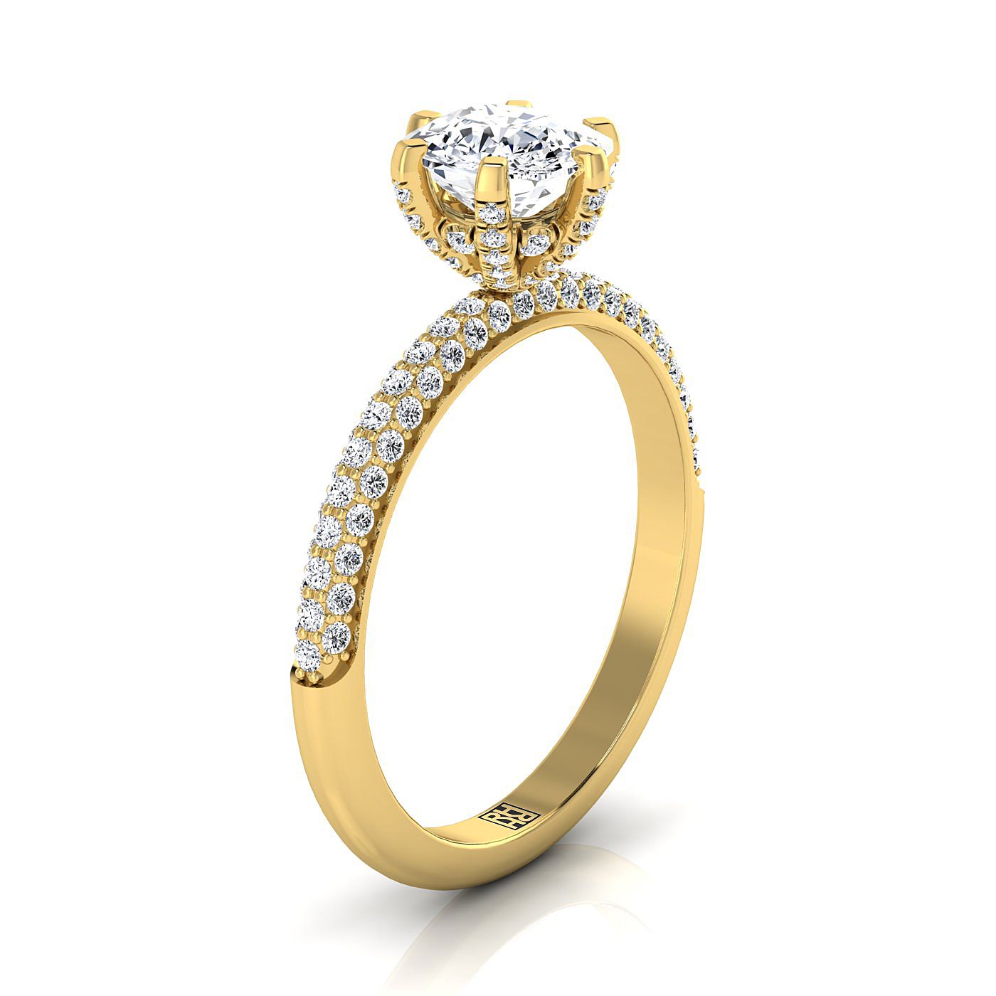 14K Yellow Gold Cushion Diamond Three Row French Pave Simple Engagement Ring -1/3ctw