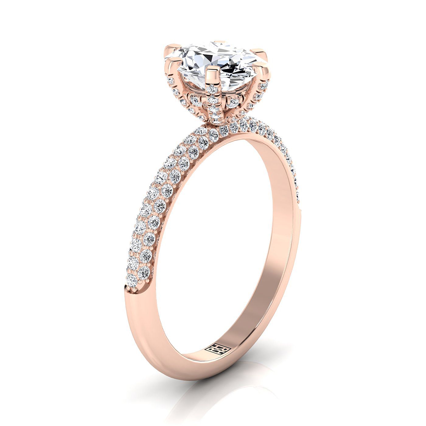 แหวนหมั้นเพชรทรงรี 14K Rose Gold สามแถว French Pave Simple -1/3ctw