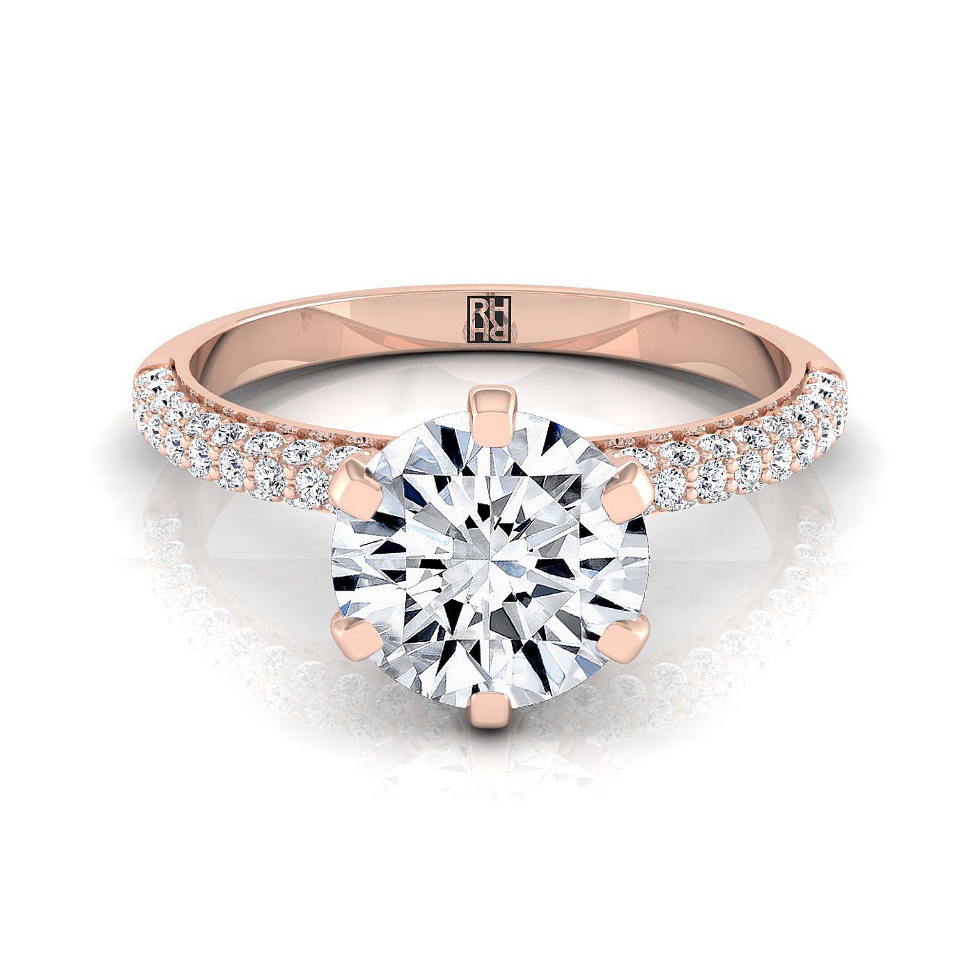 14K Rose Gold Round Brilliant Diamond สามแถว French Pave Simple Engagement Ring -1/3ctw