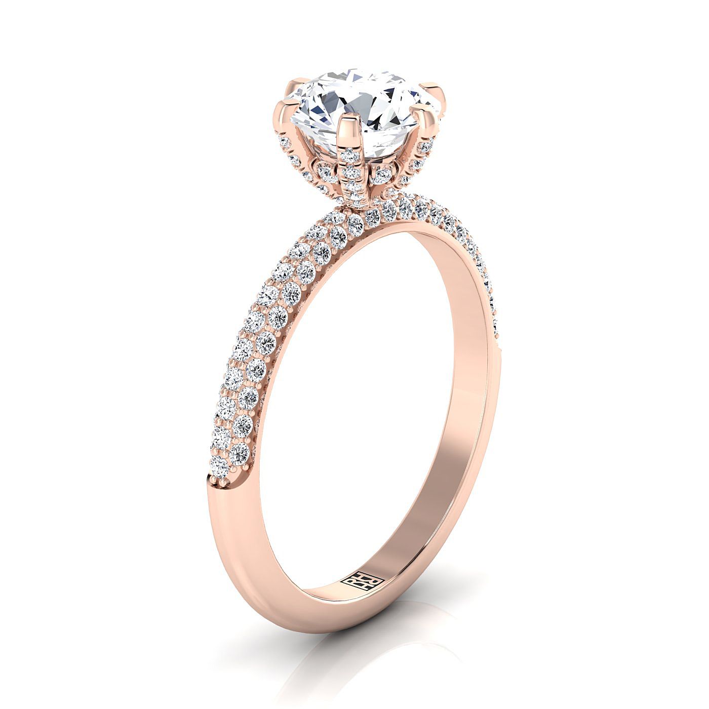 14K Rose Gold Round Brilliant Diamond สามแถว French Pave Simple Engagement Ring -1/3ctw