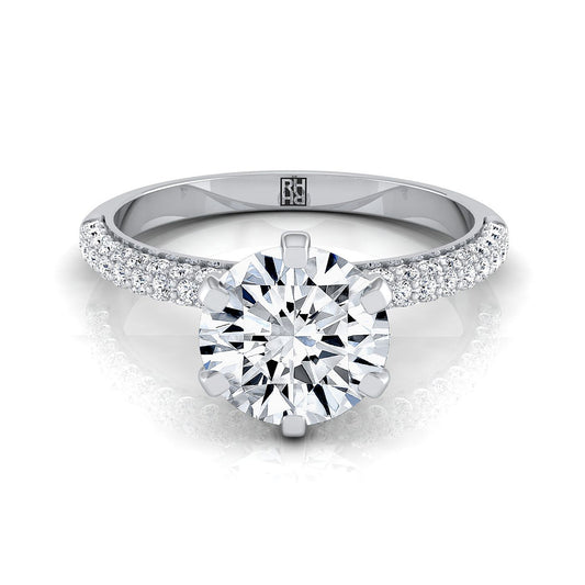 18K White Gold Round Brilliant Diamond Three Row French Pave Simple Engagement Ring -1/3ctw