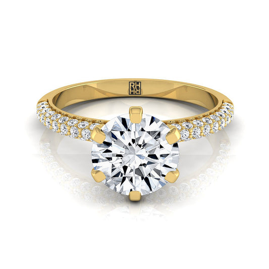 18K Yellow Gold Round Brilliant Diamond Three Row French Pave Simple Engagement Ring -1/3ctw. (เพชรแท้)