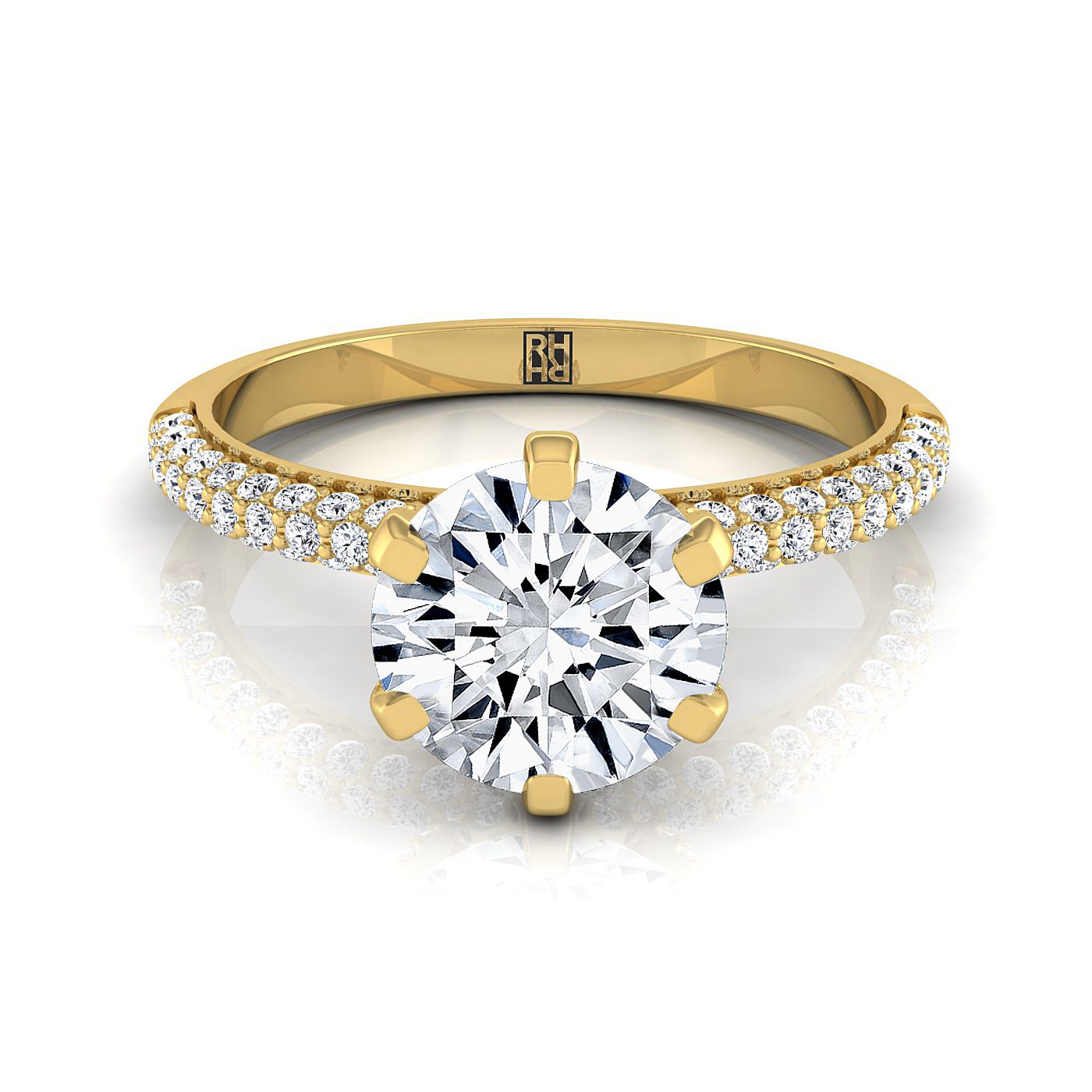 14K Yellow Gold Round Brilliant Diamond สามแถว French Pave Simple Engagement Ring -1/3ctw