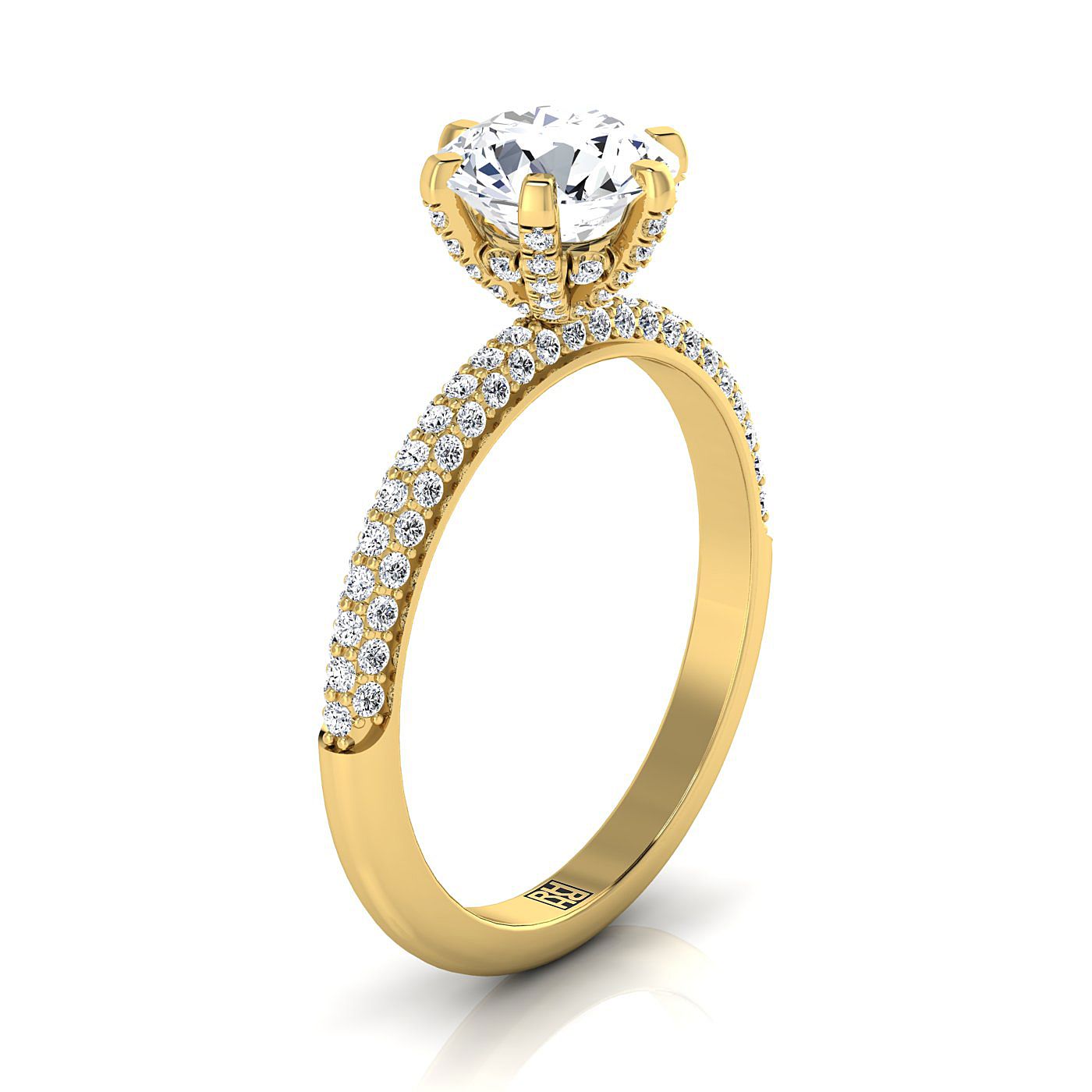 14K Yellow Gold Round Brilliant Diamond สามแถว French Pave Simple Engagement Ring -1/3ctw