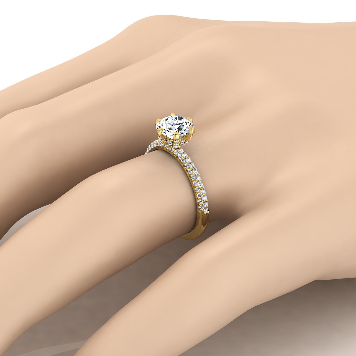 18K Yellow Gold Round Brilliant Diamond Three Row French Pave Simple Engagement Ring -1/3ctw. (เพชรแท้)