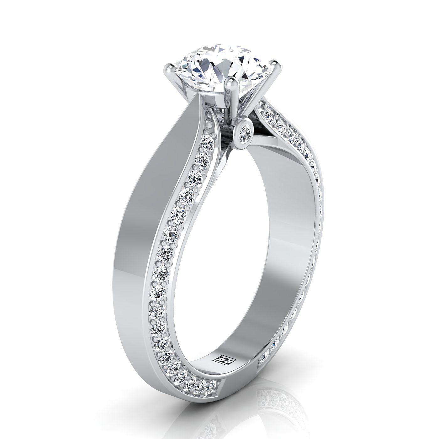 14K White Gold Round Brilliant Diamond Bold Solitaire with Secret Side French Pave Engagement Ring -1/2ctw