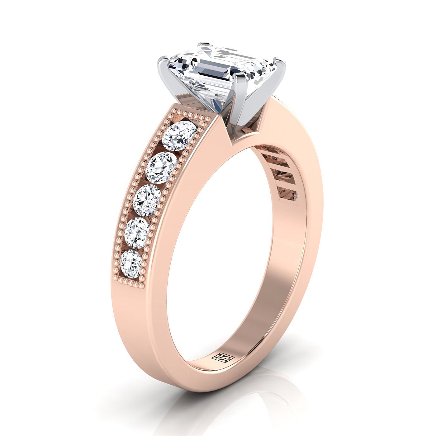 14K Rose Gold Emerald Cut Diamond Antique Milgrain Bead and Channel Set Engagement Ring -1/2ctw