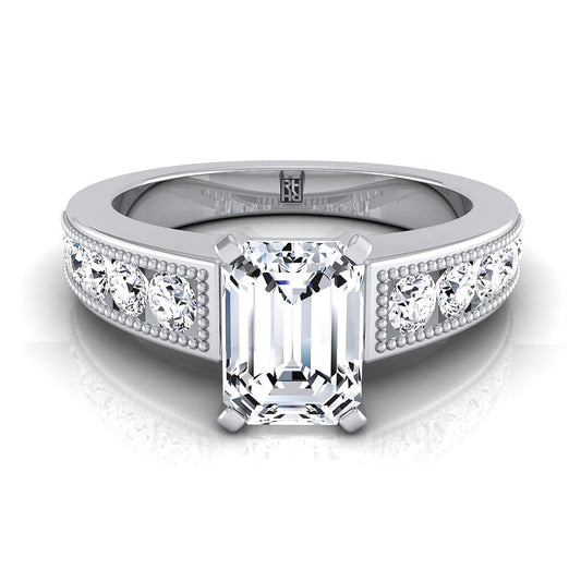 14K White Gold Emerald Cut Diamond Antique Milgrain Bead and Channel Set Engagement Ring -1/2ctw