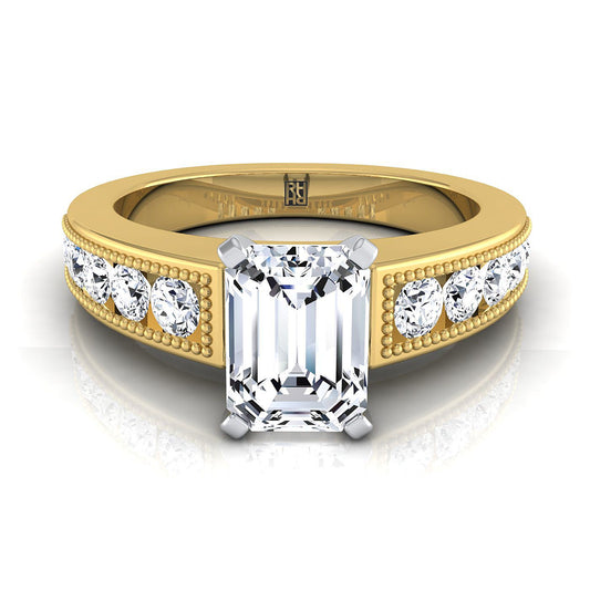 14K Yellow Gold Emerald Cut Diamond Antique Milgrain Bead and Channel Set Engagement Ring -1/2ctw