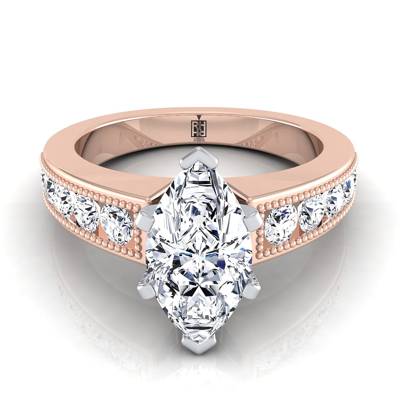 14K Rose Gold Marquise Diamond Antique Milgrain Bead และ Channel Set แหวนหมั้น -1/2ctw