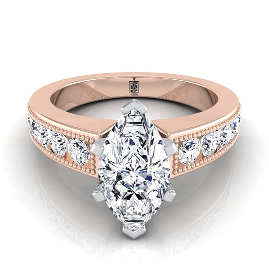 14K Rose Gold Marquise Diamond Antique Milgrain Bead และ Channel Set แหวนหมั้น -1/2ctw