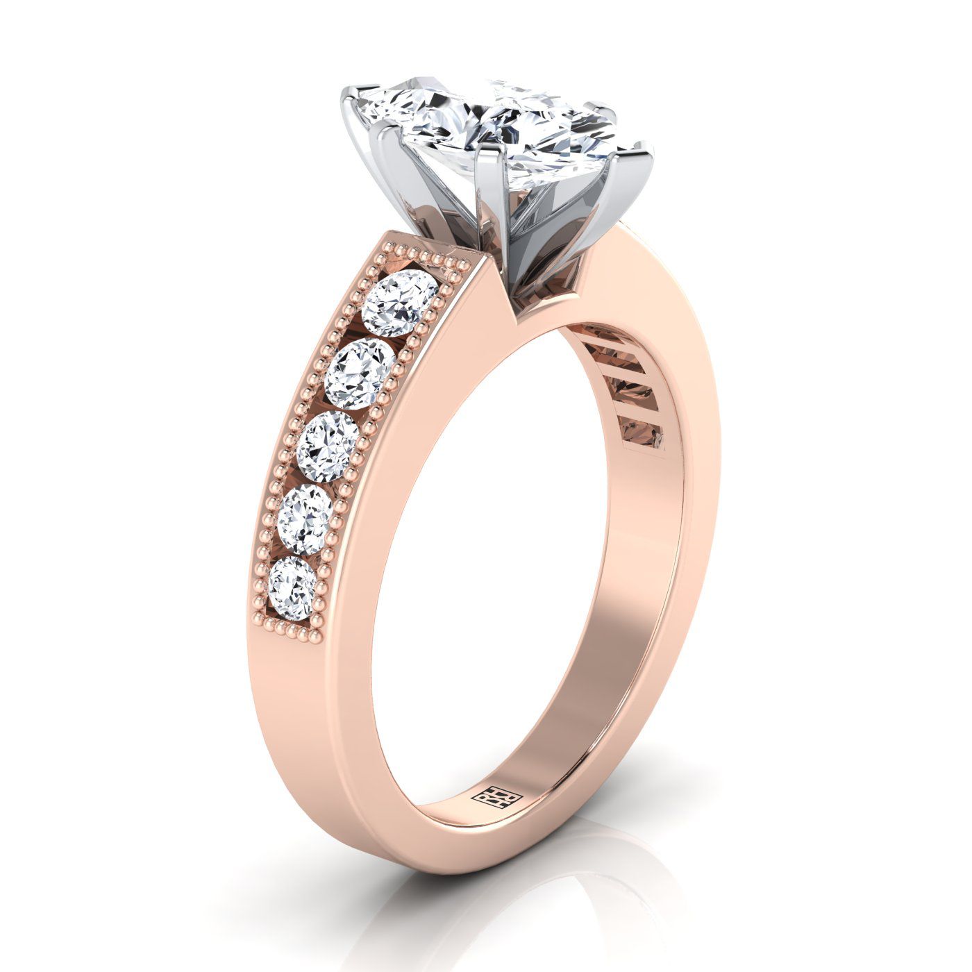 14K Rose Gold Marquise Diamond Antique Milgrain Bead และ Channel Set แหวนหมั้น -1/2ctw