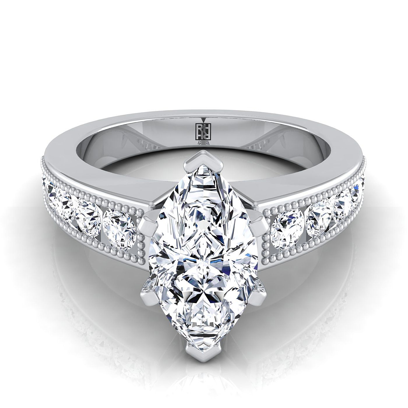 18K White Gold Marquise Diamond Antique Milgrain Bead and Channel Set Engagement Ring -1/2ctw