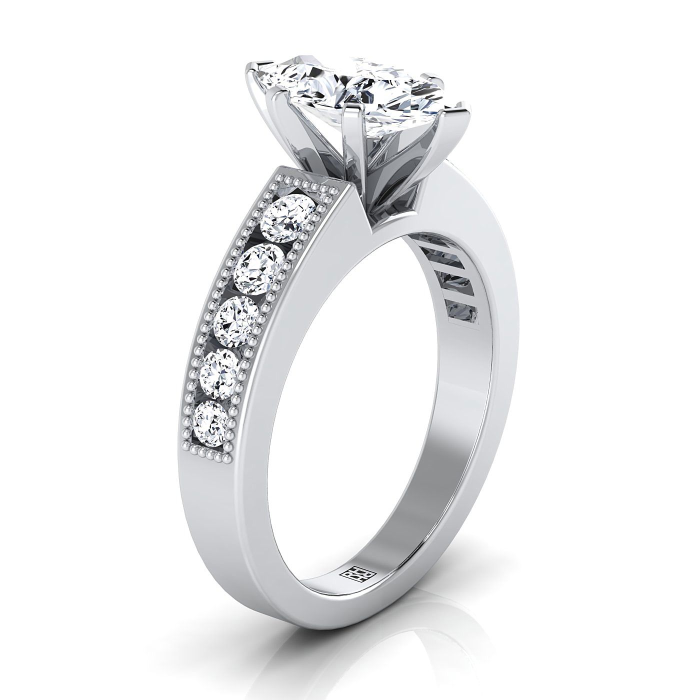 18K White Gold Marquise Diamond Antique Milgrain Bead and Channel Set Engagement Ring -1/2ctw