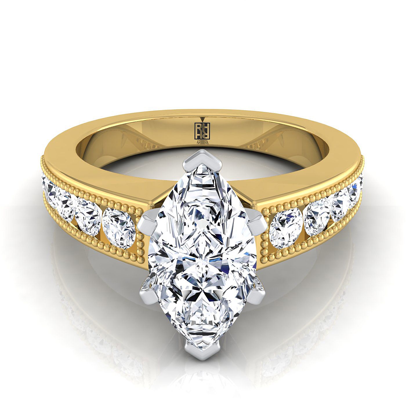 18K Yellow Gold Marquise Diamond Antique Milgrain Bead and Channel Set Engagement Ring -1/2ctw