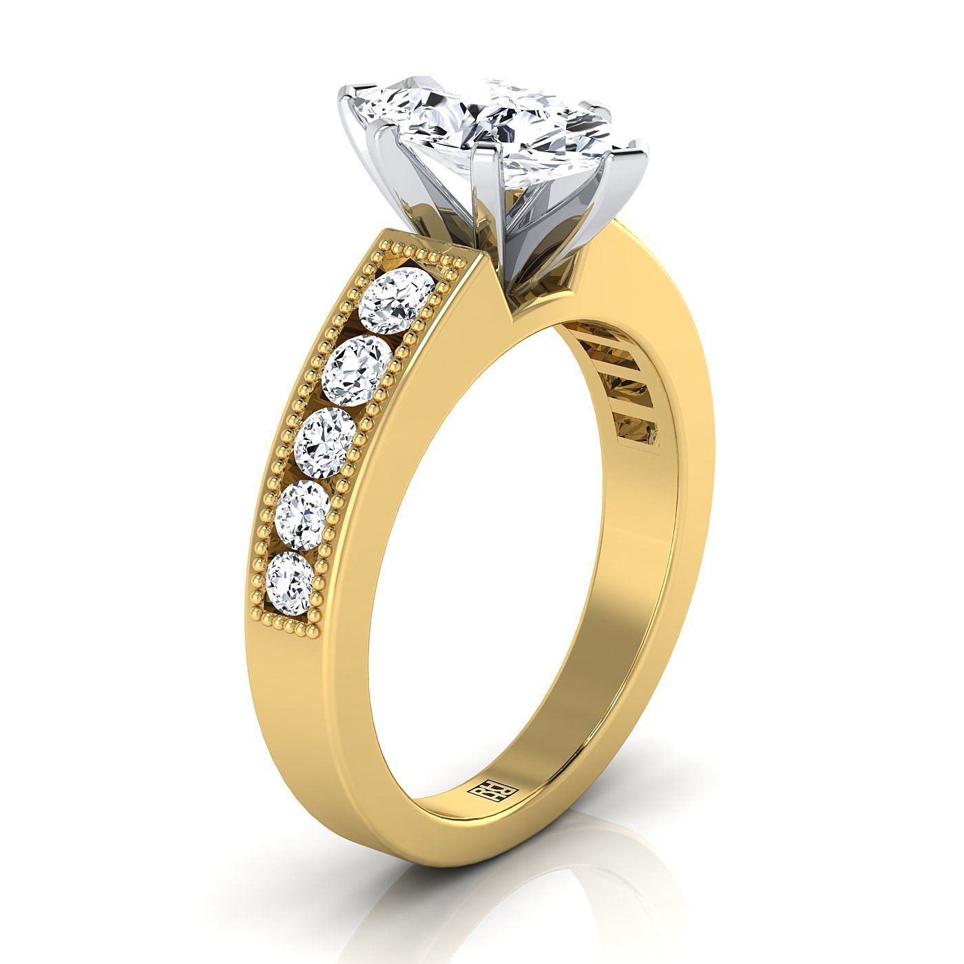 18K Yellow Gold Marquise Diamond Antique Milgrain Bead and Channel Set Engagement Ring -1/2ctw