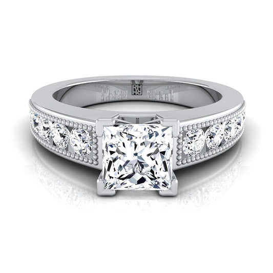 18K White Gold Princess Cut Diamond Antique Milgrain Bead and Channel Set Engagement Ring -1/2ctw