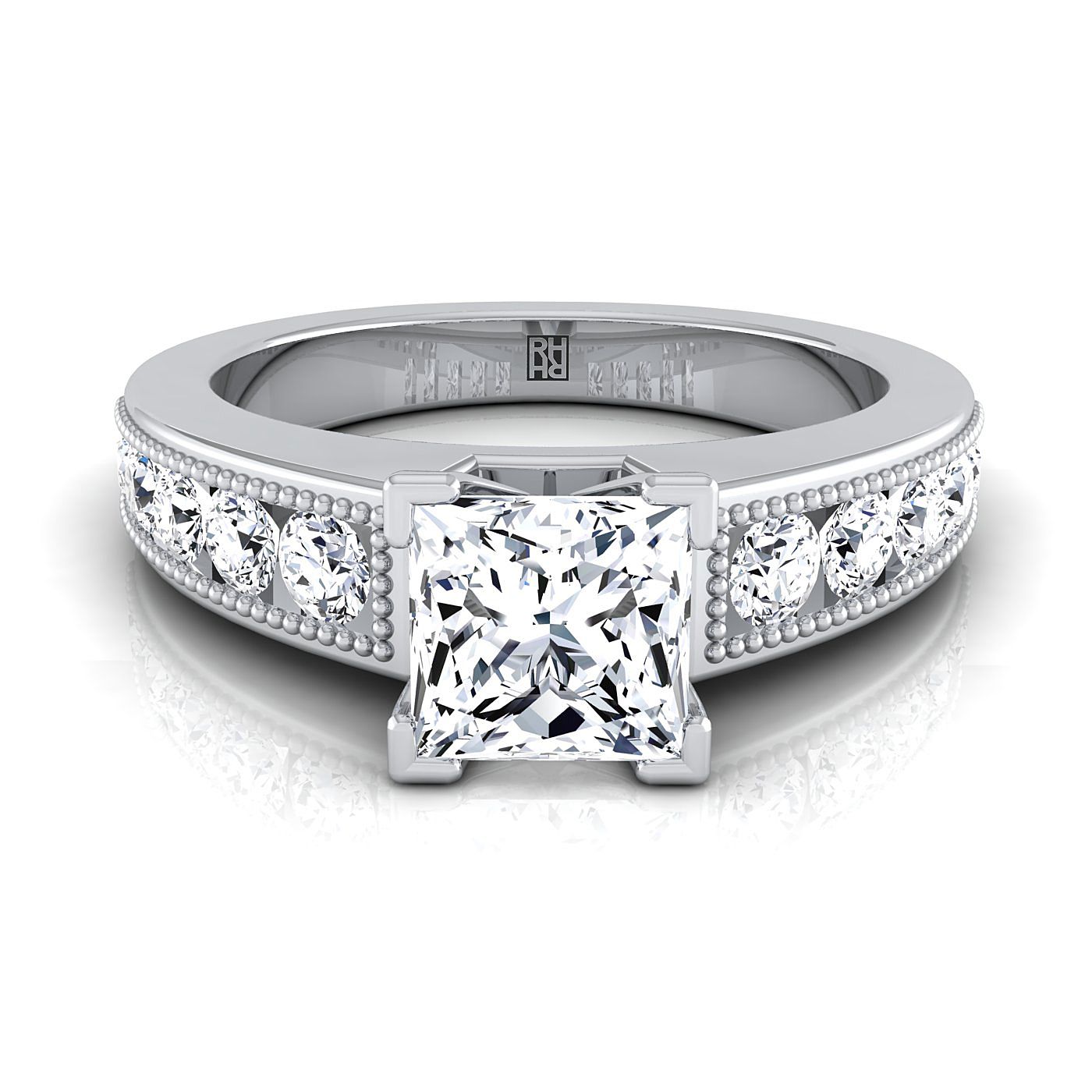 แหวนหมั้นเพชร 14K White Gold Princess Cut Diamond Antique Milgrain Bead &amp; Channel Set -1/2ctw