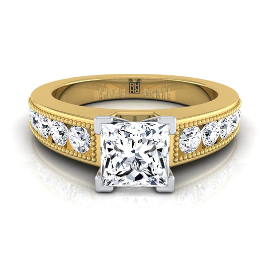 แหวนหมั้นเพชร 18K Yellow Gold Princess Cut Diamond Antique Milgrain Bead -1/2ctw