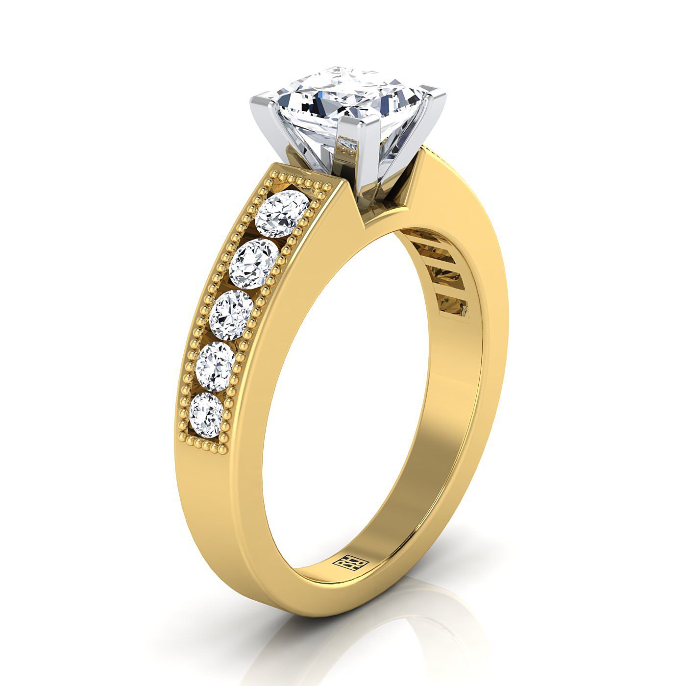 14K Yellow Gold Princess Cut Diamond Antique Milgrain Bead and Channel Set Engagement Ring -1/2ctw