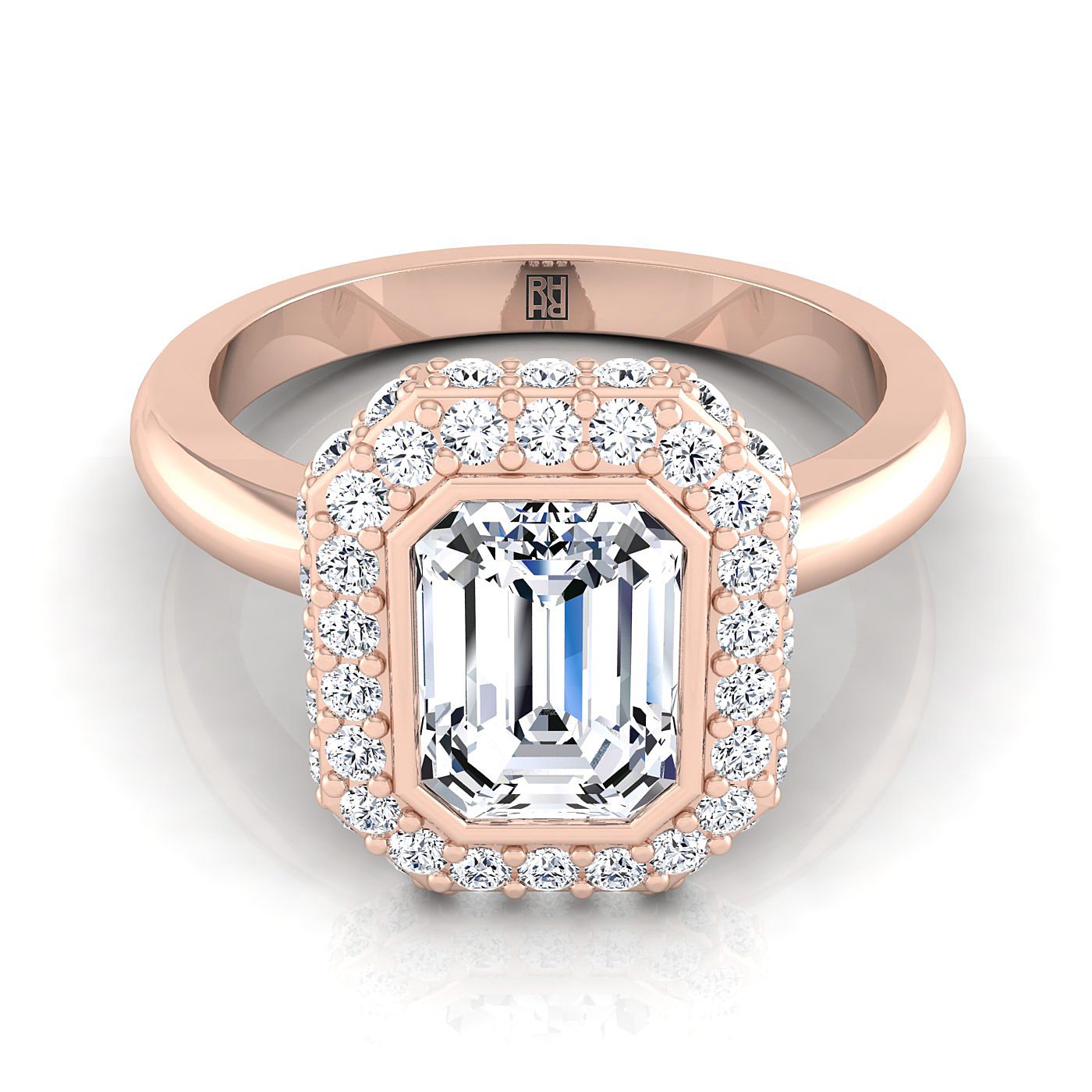 14K Rose Gold Emerald Cut Bezel Pave 3D Halo Solitaire แหวนหมั้น