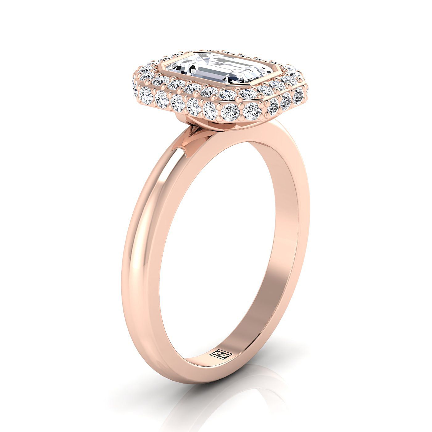 14K Rose Gold Emerald Cut Bezel Pave 3D Halo Solitaire แหวนหมั้น