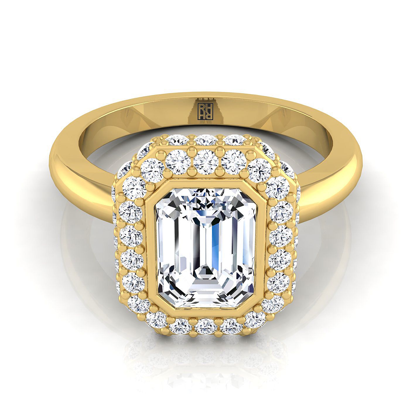 14K Yellow Gold Emerald Cut Bezel Pave 3D Halo Solitaire Engagement Ring