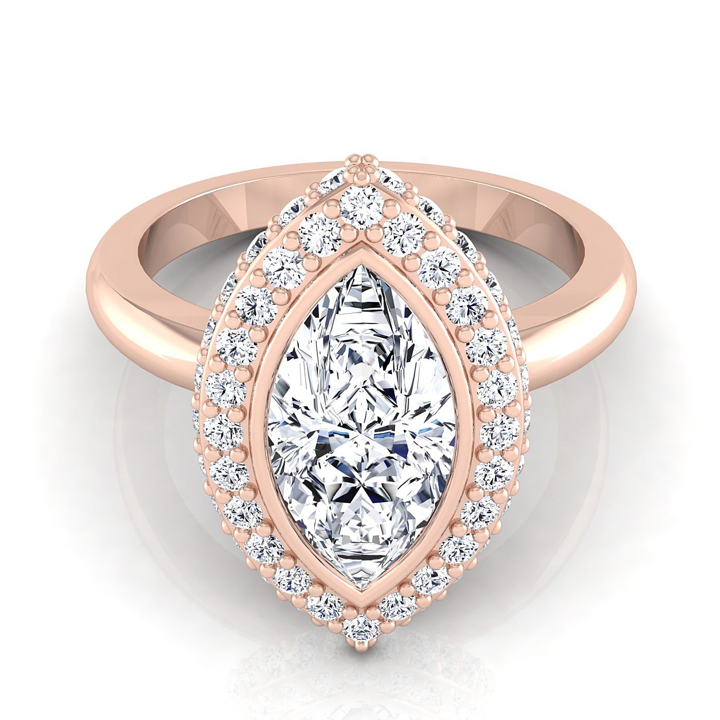 แหวนหมั้นเพชร 14K Rose Gold Marquise Bezel Pave 3D Halo Solitaire