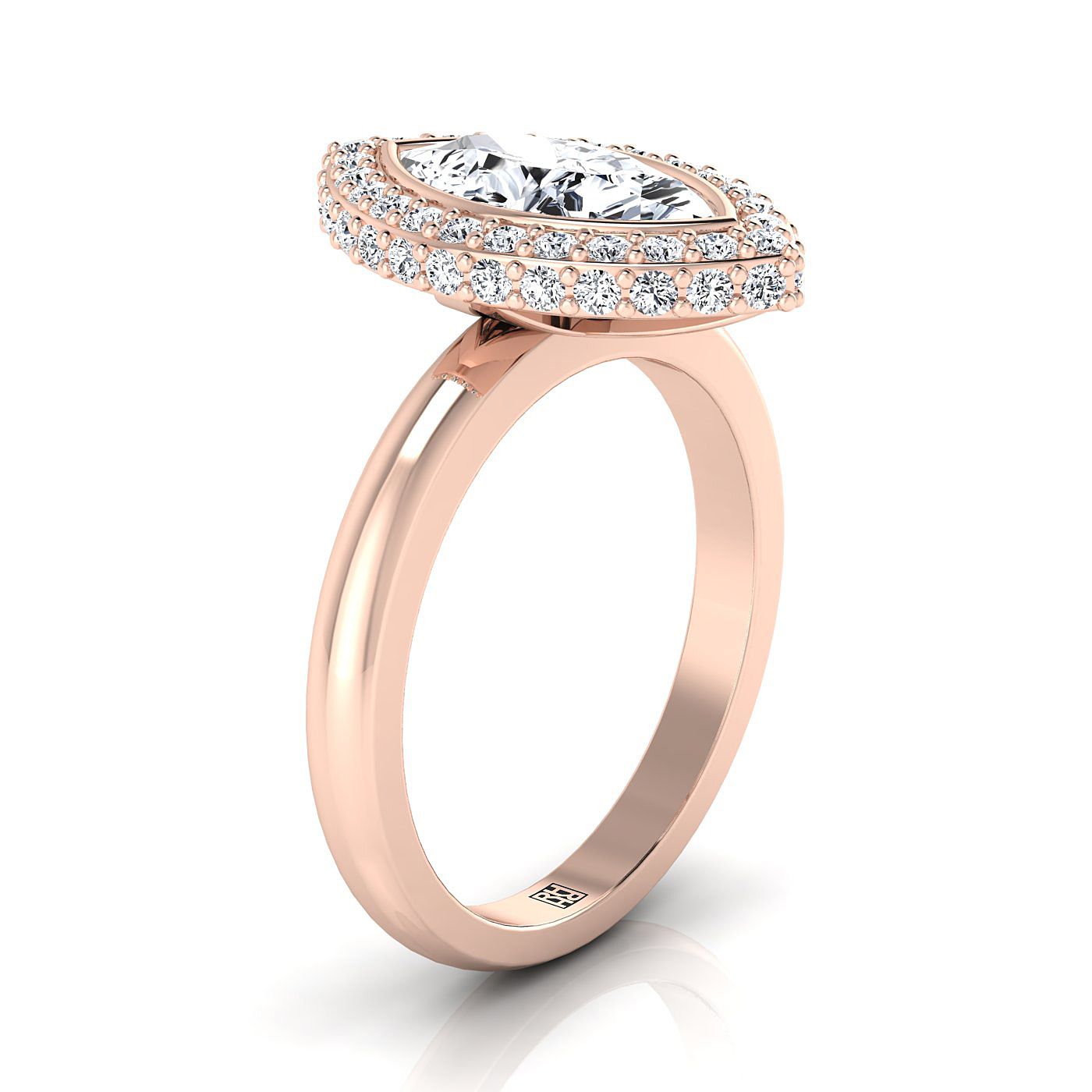 แหวนหมั้นเพชร 14K Rose Gold Marquise Bezel Pave 3D Halo Solitaire