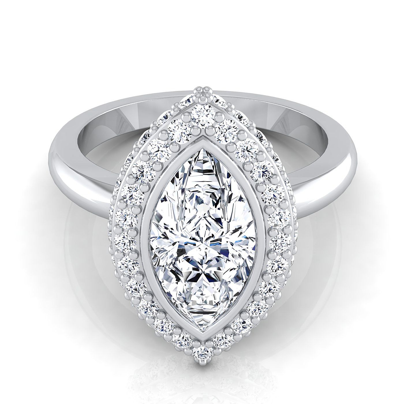 แหวนหมั้นเพชร 14K White Gold Marquise Bezel Pave 3D Halo Solitaire