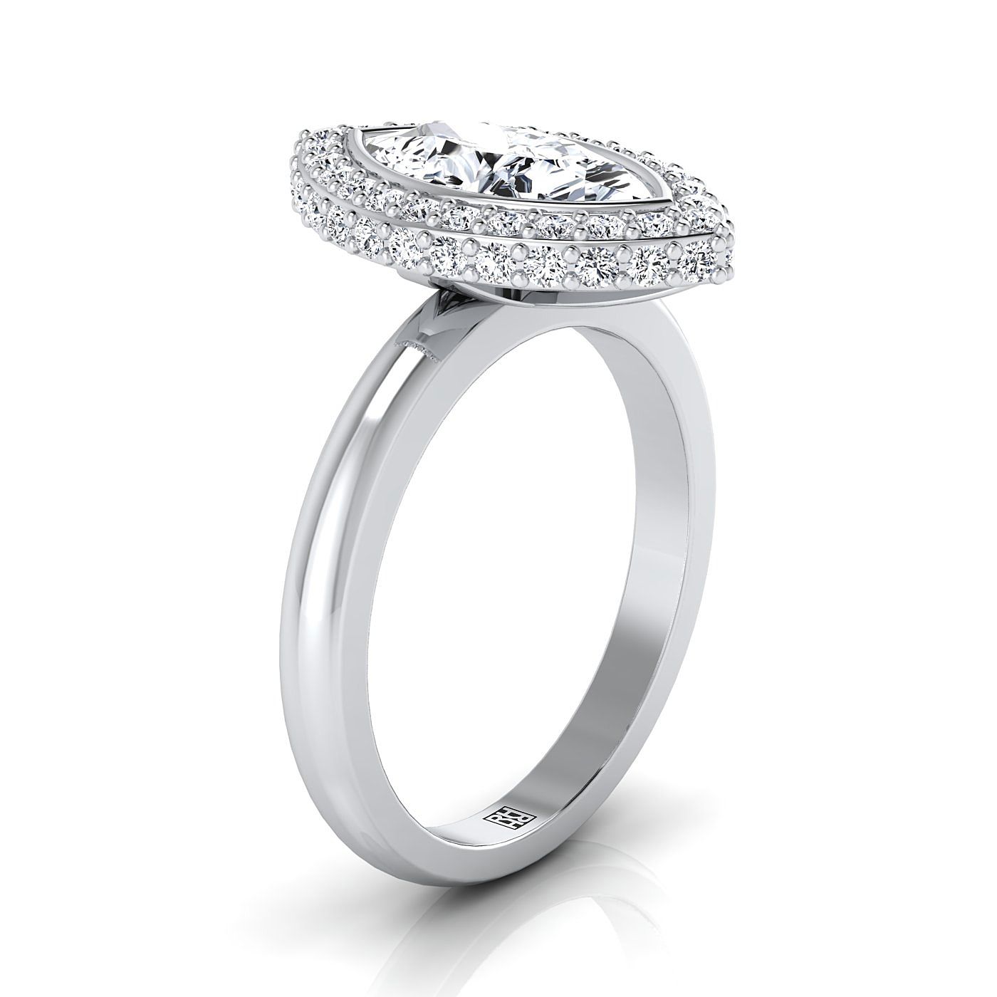 แหวนหมั้นเพชร 14K White Gold Marquise Bezel Pave 3D Halo Solitaire